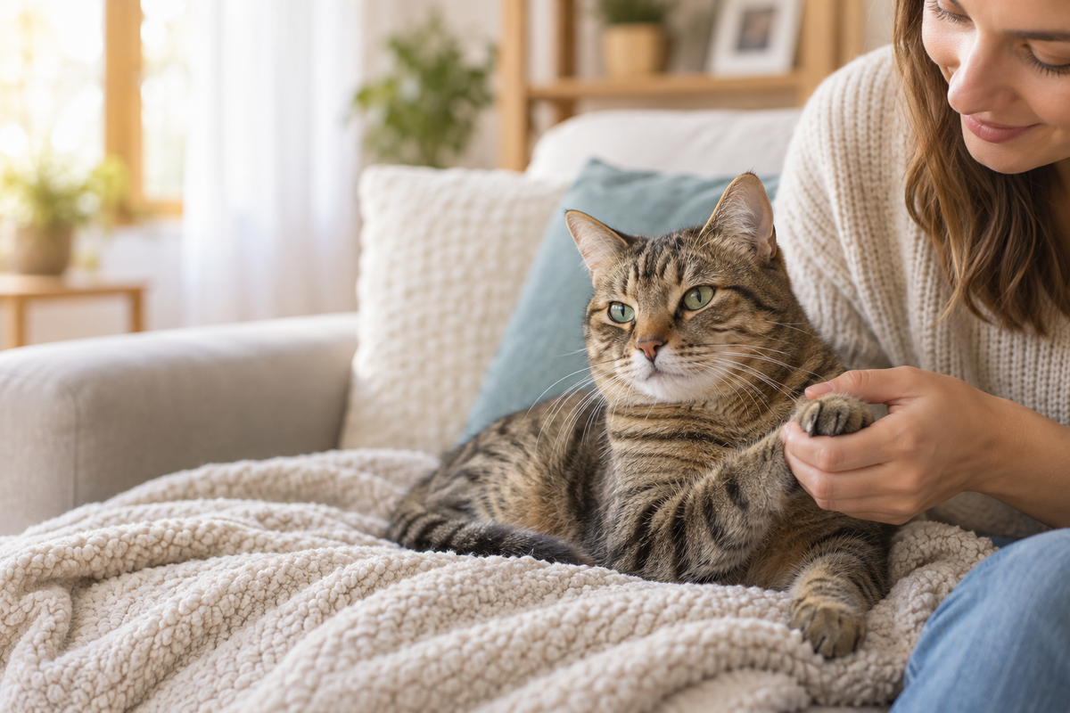 A relaxed tabby cat receiving gentle paw care at home