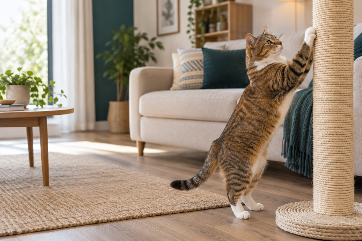 A cat using a sturdy scratching post beside a sofa