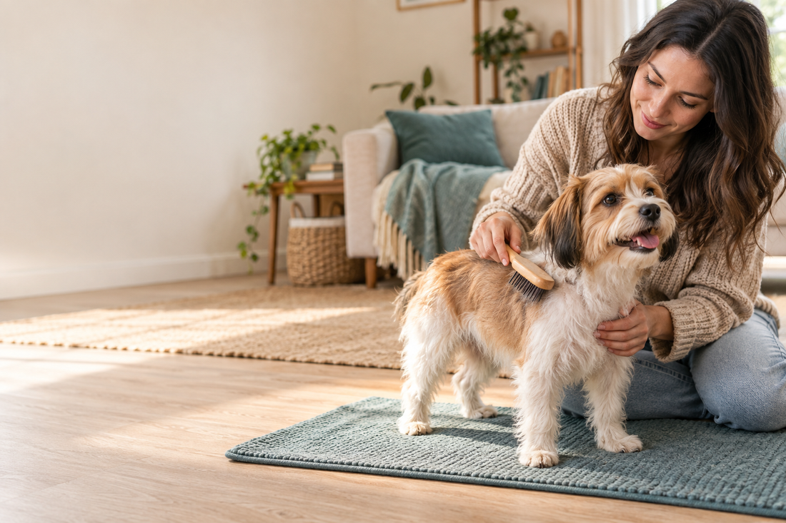 A small dog being gently brushed at home