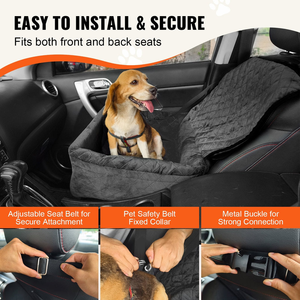 Adjustable headrest straps holding the dog car seat in place