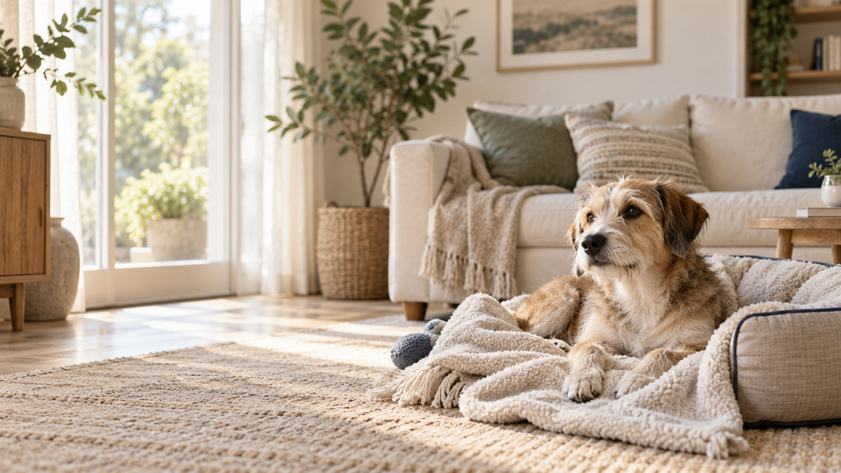 A relaxed dog resting in a warm, light-filled home
